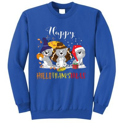 Happy Hallothanksmas Cats Halloween Christmas Thanksgiving Cool Gift Tall Sweatshirt