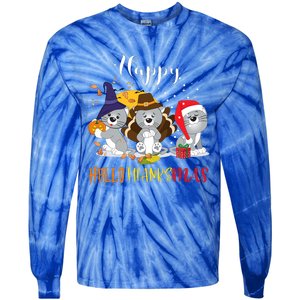 Happy Hallothanksmas Cats Halloween Christmas Thanksgiving Cool Gift Tie-Dye Long Sleeve Shirt