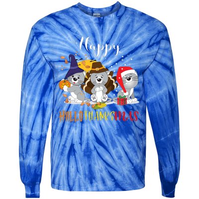 Happy Hallothanksmas Cats Halloween Christmas Thanksgiving Cool Gift Tie-Dye Long Sleeve Shirt