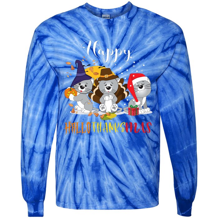 Happy Hallothanksmas Cats Halloween Christmas Thanksgiving Cool Gift Tie-Dye Long Sleeve Shirt