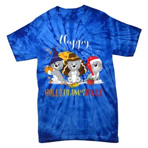 Happy Hallothanksmas Cats Halloween Christmas Thanksgiving Cool Gift Tie-Dye T-Shirt