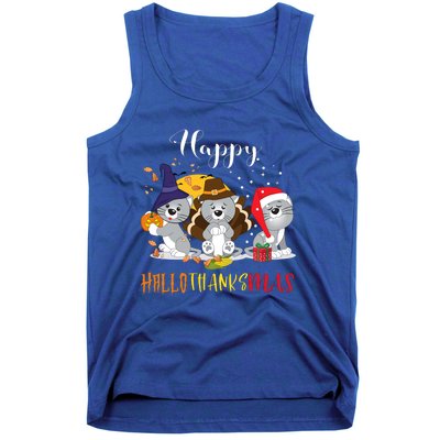 Happy Hallothanksmas Cats Halloween Christmas Thanksgiving Cool Gift Tank Top