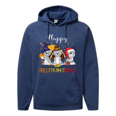 Happy Hallothanksmas Cats Halloween Christmas Thanksgiving Cool Gift Performance Fleece Hoodie