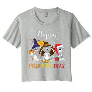 Happy Hallothanksmas Cats Halloween Christmas Thanksgiving Cool Gift Women's Crop Top Tee