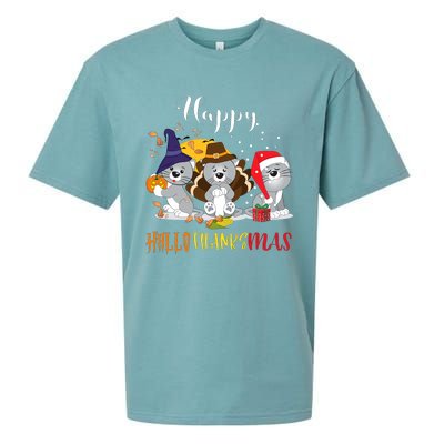 Happy Hallothanksmas Cats Halloween Christmas Thanksgiving Cool Gift Sueded Cloud Jersey T-Shirt