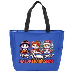 Happy Hallothanksmas Cats Halloween Thanksgiving Christmas Gift Zip Tote Bag