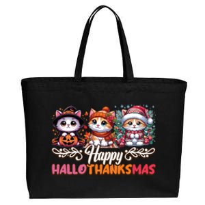 Happy Hallothanksmas Cats Halloween Thanksgiving Christmas Gift Cotton Canvas Jumbo Tote