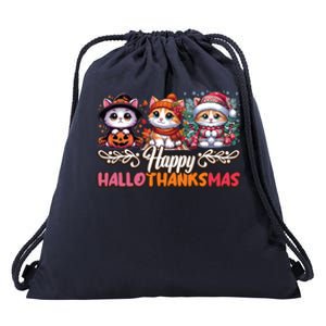 Happy Hallothanksmas Cats Halloween Thanksgiving Christmas Gift Drawstring Bag