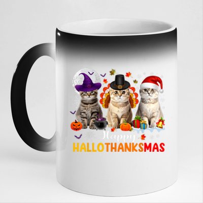 Happy Hallothanksmas Cats Halloween Thanksgiving Christmas 11oz Black Color Changing Mug