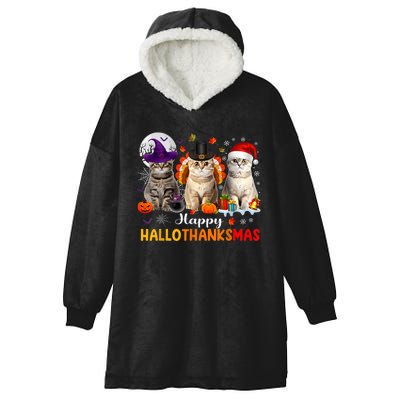 Happy Hallothanksmas Cats Halloween Thanksgiving Christmas Hooded Wearable Blanket