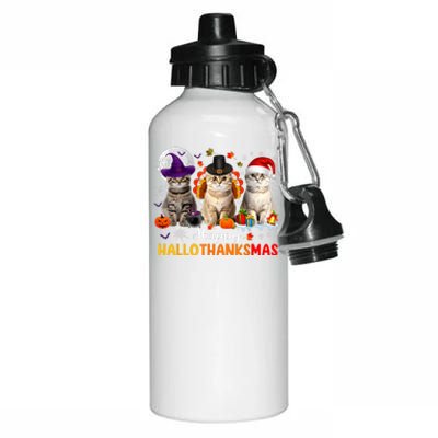 Happy Hallothanksmas Cats Halloween Thanksgiving Christmas Aluminum Water Bottle