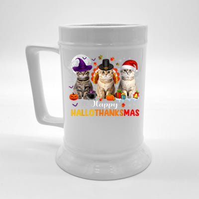 Happy Hallothanksmas Cats Halloween Thanksgiving Christmas Beer Stein