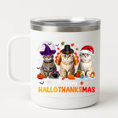 Happy Hallothanksmas Cats Halloween Thanksgiving Christmas 12 oz Stainless Steel Tumbler Cup