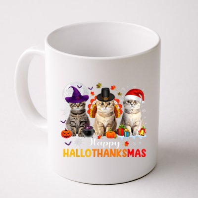 Happy Hallothanksmas Cats Halloween Thanksgiving Christmas Coffee Mug