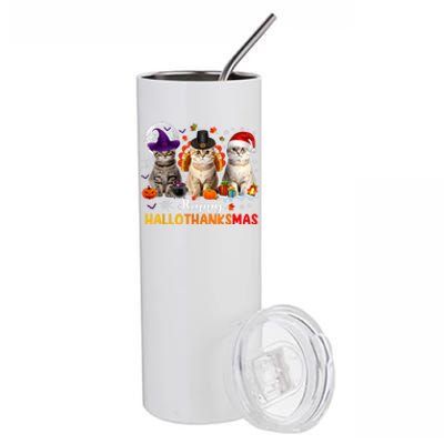 Happy Hallothanksmas Cats Halloween Thanksgiving Christmas Stainless Steel Tumbler