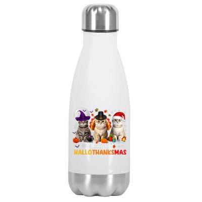 Happy Hallothanksmas Cats Halloween Thanksgiving Christmas Stainless Steel Insulated Water Bottle