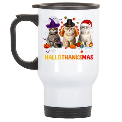 Happy Hallothanksmas Cats Halloween Thanksgiving Christmas Stainless Steel Travel Mug