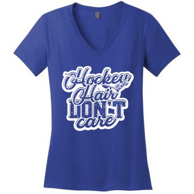 Hockey Hair Dont Care And Long Natural Hair Funny Gift Women's V-Neck T-Shirt