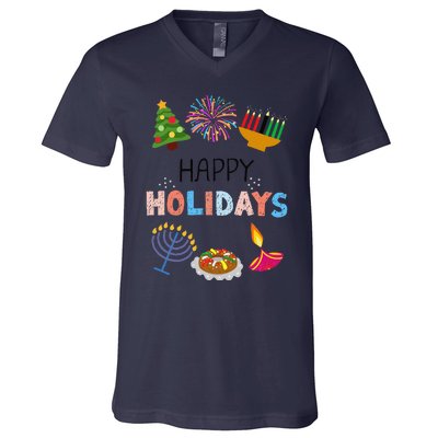 Happy Holidays Diwali Kwanzaa Hanukkah Christmas V-Neck T-Shirt