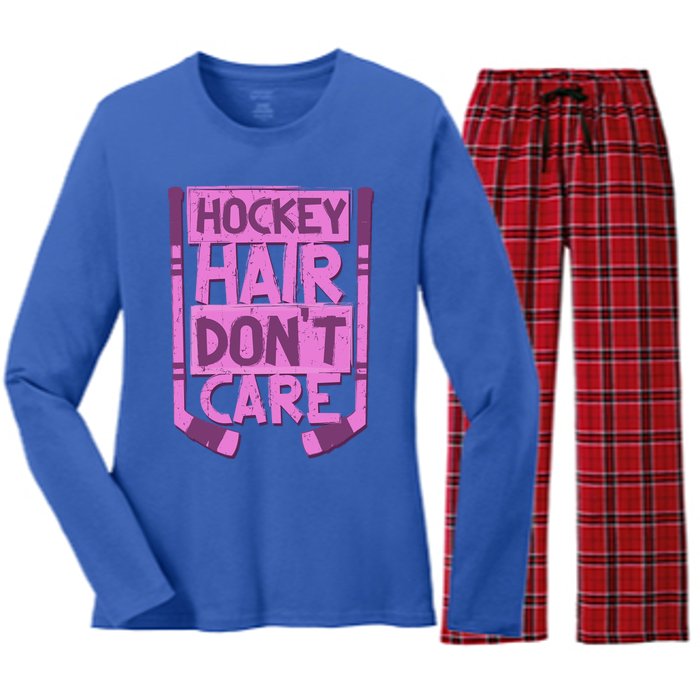 Hockey Hair Dont Care Funny Ice Hockey Lover Designs Meaningful Gift Women's Long Sleeve Flannel Pajama Set 