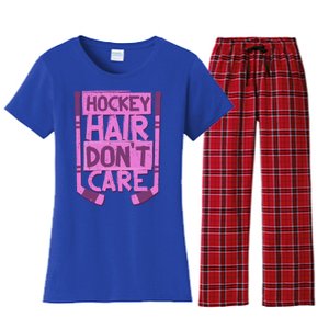 Hockey Hair Dont Care Funny Ice Hockey Lover Designs Meaningful Gift Women's Flannel Pajama Set