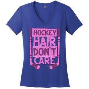 Hockey Hair Dont Care Funny Ice Hockey Lover Designs Meaningful Gift Women's V-Neck T-Shirt