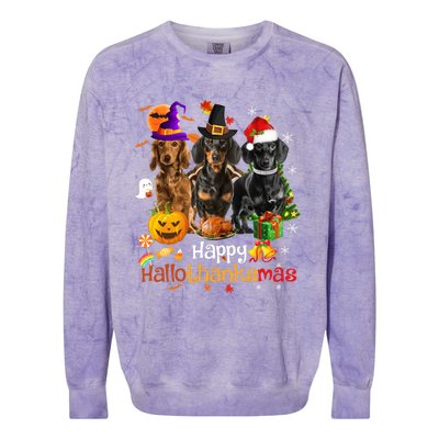 Happy Hallothanksmas Dachshund Halloween Thanksgiving Xmas Colorblast Crewneck Sweatshirt