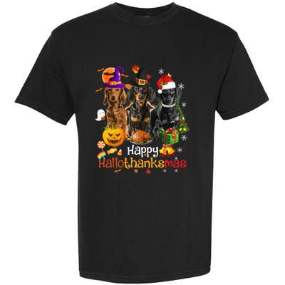 Happy Hallothanksmas Dachshund Halloween Thanksgiving Xmas Garment-Dyed Heavyweight T-Shirt