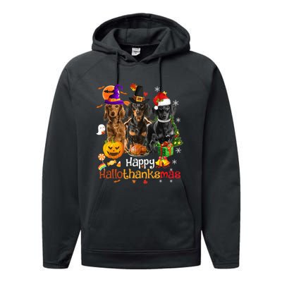 Happy Hallothanksmas Dachshund Halloween Thanksgiving Xmas Performance Fleece Hoodie