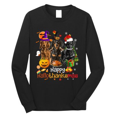 Happy Hallothanksmas Dachshund Halloween Thanksgiving Xmas Long Sleeve Shirt