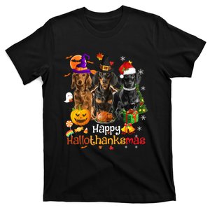 Happy Hallothanksmas Dachshund Halloween Thanksgiving Xmas T-Shirt