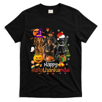 Happy Hallothanksmas Dachshund Halloween Thanksgiving Xmas T-Shirt