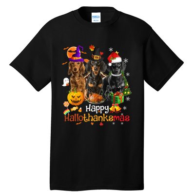 Happy Hallothanksmas Dachshund Halloween Thanksgiving Xmas Tall T-Shirt