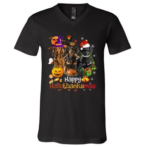 Happy Hallothanksmas Dachshund Halloween Thanksgiving Xmas V-Neck T-Shirt