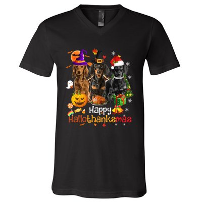 Happy Hallothanksmas Dachshund Halloween Thanksgiving Xmas V-Neck T-Shirt