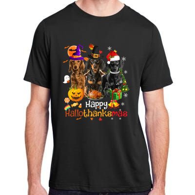 Happy Hallothanksmas Dachshund Halloween Thanksgiving Xmas Adult ChromaSoft Performance T-Shirt