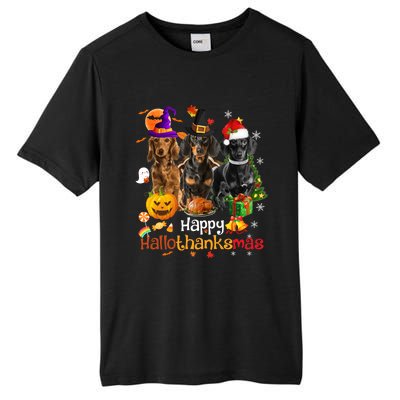 Happy Hallothanksmas Dachshund Halloween Thanksgiving Xmas Tall Fusion ChromaSoft Performance T-Shirt