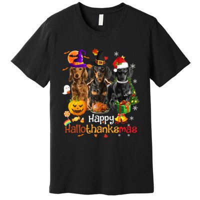 Happy Hallothanksmas Dachshund Halloween Thanksgiving Xmas Premium T-Shirt