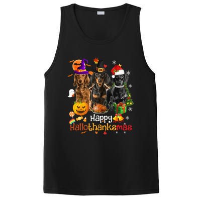 Happy Hallothanksmas Dachshund Halloween Thanksgiving Xmas PosiCharge Competitor Tank