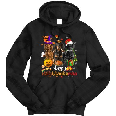 Happy Hallothanksmas Dachshund Halloween Thanksgiving Xmas Tie Dye Hoodie