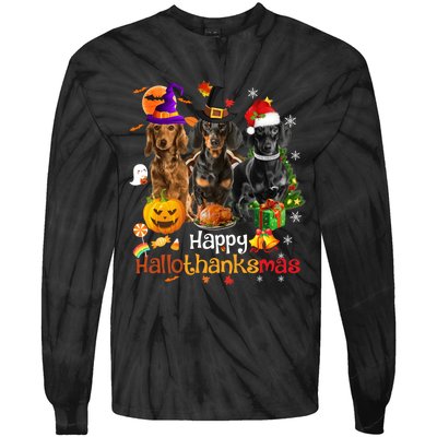 Happy Hallothanksmas Dachshund Halloween Thanksgiving Xmas Tie-Dye Long Sleeve Shirt