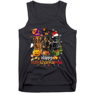 Happy Hallothanksmas Dachshund Halloween Thanksgiving Xmas Tank Top