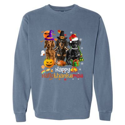 Happy Hallothanksmas Dachshund Halloween Thanksgiving Xmas Garment-Dyed Sweatshirt