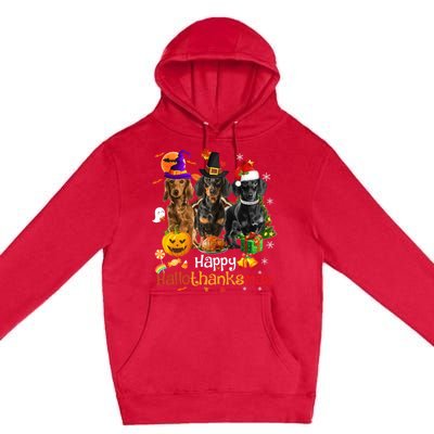 Happy Hallothanksmas Dachshund Halloween Thanksgiving Xmas Premium Pullover Hoodie