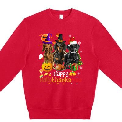 Happy Hallothanksmas Dachshund Halloween Thanksgiving Xmas Premium Crewneck Sweatshirt