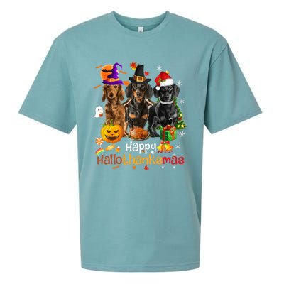 Happy Hallothanksmas Dachshund Halloween Thanksgiving Xmas Sueded Cloud Jersey T-Shirt