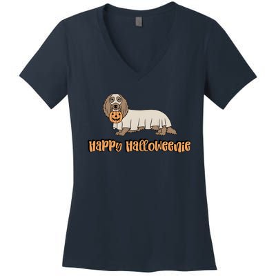 Happy Halloweenie Dachshund Ghost Funny Dog Lover Women's V-Neck T-Shirt