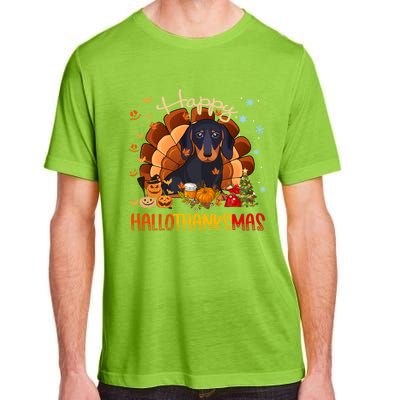 Happy Hallothanksmas Dachshund Halloween Thanksgiving Xmas Funny Gift Adult ChromaSoft Performance T-Shirt