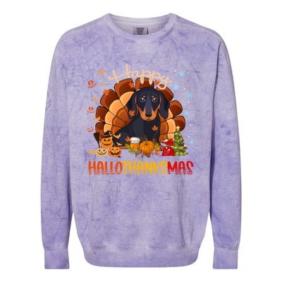 Happy Hallothanksmas Dachshund Halloween Thanksgiving Xmas Funny Gift Colorblast Crewneck Sweatshirt