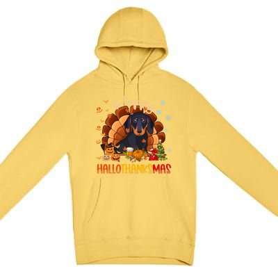 Happy Hallothanksmas Dachshund Halloween Thanksgiving Xmas Funny Gift Premium Pullover Hoodie